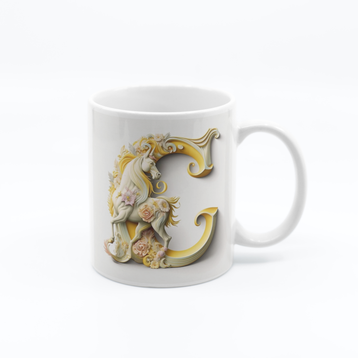 Cana cu initiala litera C, model unicorn, 330 ml
