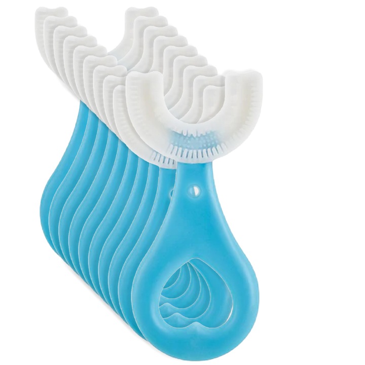 10 db U alakú fogkefe készlet gyerekeknek, Naimeed D4376, 360°-os fogtisztító kialakítás, kék