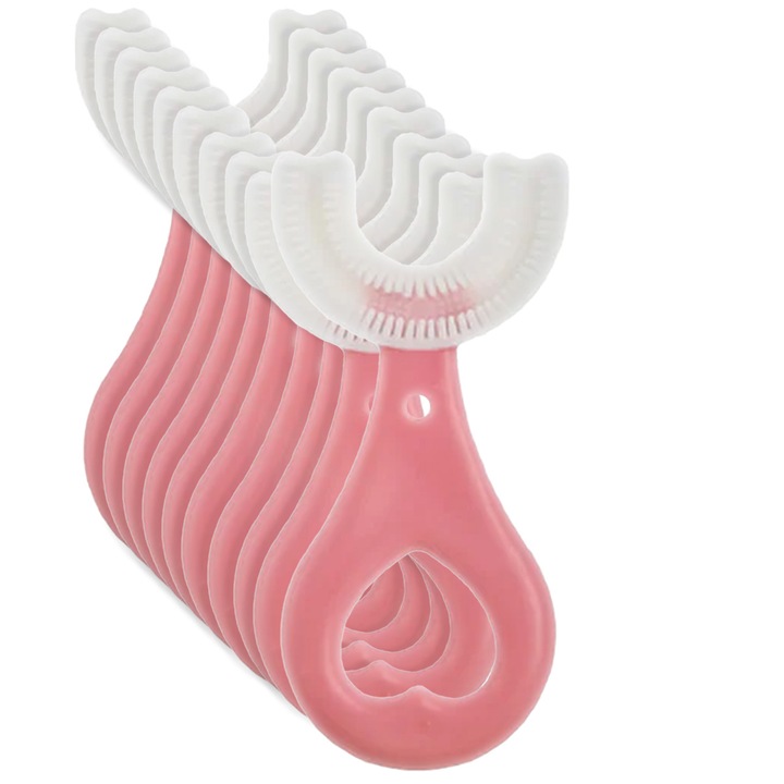 10 db U alakú fogkefe készlet gyerekeknek, Naimeed D4376, 360°-os fogtisztító kialakítás, rózsaszín