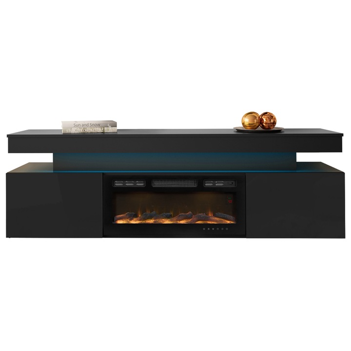 Comoda TV Lestirola 2D cu LED si semineu, MIRJAN24, negru, 190x41x59 cm