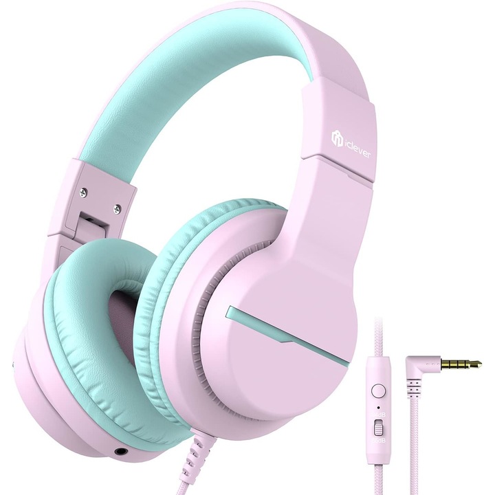 Casti, iClever, HD stereo, 40mm drivere, jack 3.5mm, functie partajare sunet, microfon incorporat, pentru copii, roz