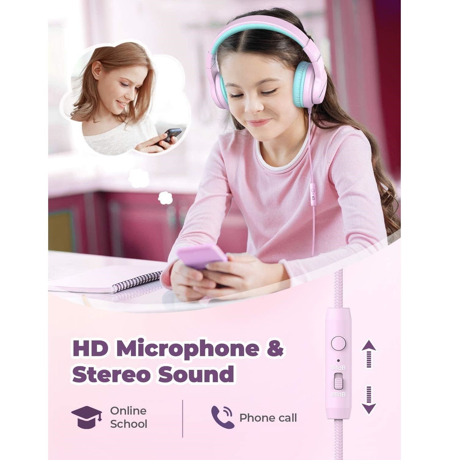 Casti, iClever, HD stereo, 40mm drivere, jack 3.5mm, functie partajare sunet, microfon incorporat, pentru copii, roz