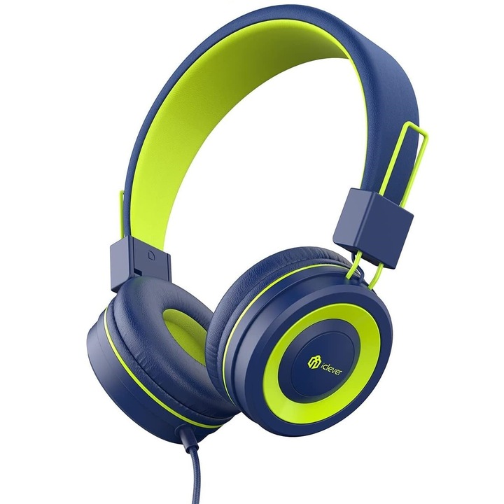 Casti, iClever, HD stereo, 40mm drivere, jack 3.5mm, functie partajare sunet, microfon incorporat, pentru copii, albastru cu verde