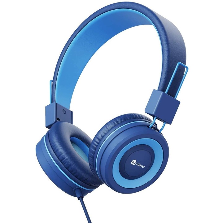Casti, iClever, HD stereo, 40mm drivere, jack 3.5mm, functie partajare sunet, microfon incorporat, pentru copii, albastru marin
