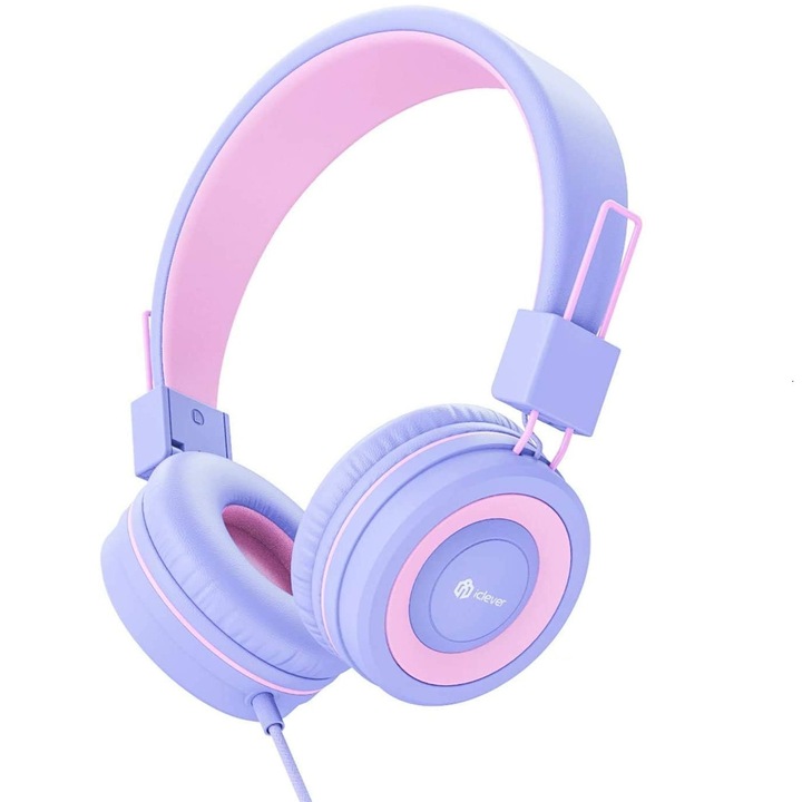 Casti, iClever, HD stereo, 40mm drivere, jack 3.5mm, functie partajare sunet, microfon incorporat, pentru copii, roz cu mov