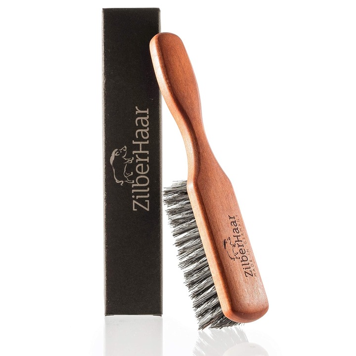 Perie pentru ingrijire barba, ZilberHaar, 100% din par de mistret moale, premium, potrivita pentru aplicare balsam si ulei, maner din lemn, 15.6 x 2, 5 x 3 cm