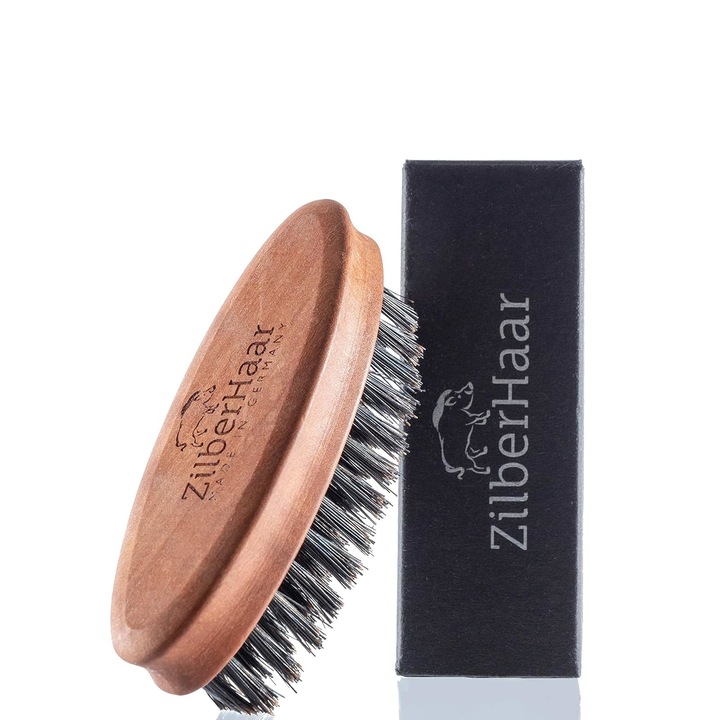 Четка за грижа за брада, джобна, ZilberHaar, 100% косъм от глиган, премиум, подходяща за нанасяне на балсам и масло, 8,2 x 2,8 x 3 cm
