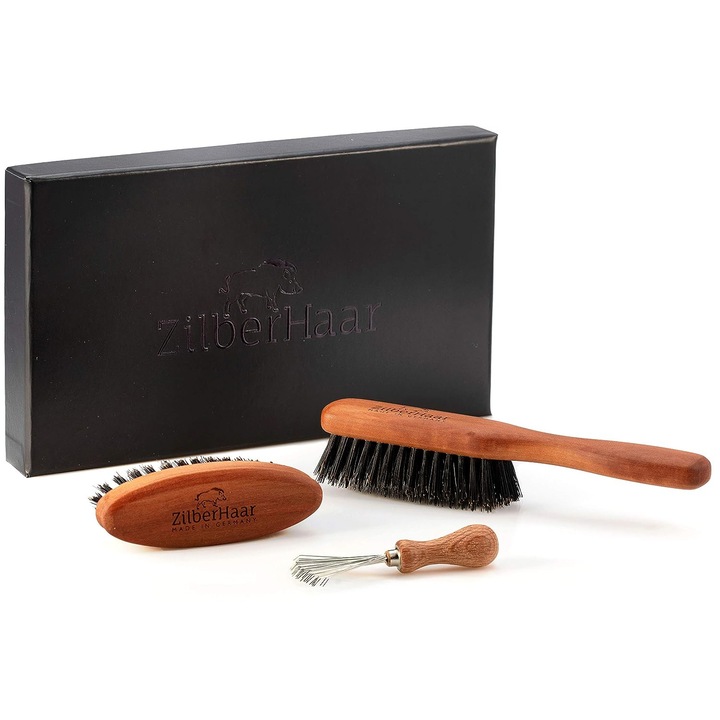 Комплект от 2 четки за грижа за брада, ZilberHaar, 100% косъм от глиган, премиум, подходящи за нанасяне на балсам и масло, с инструмент за почистване на четки