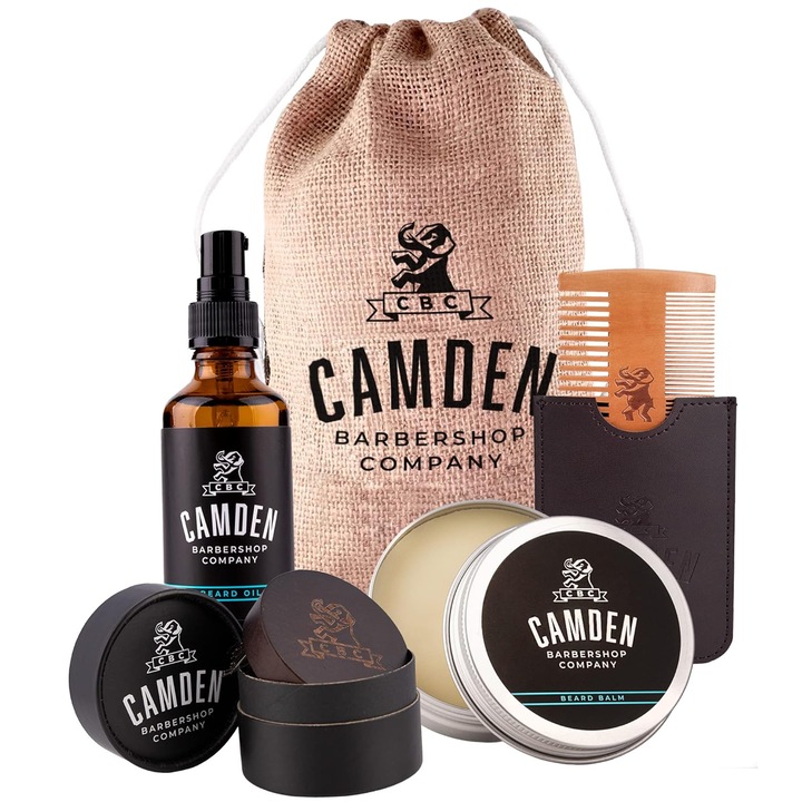 Camden Deluxe комплект за грижа за брадата, масло за брада, восък за брада, четка и гребен, 100% натурален, чанта за съхранение, 5 броя