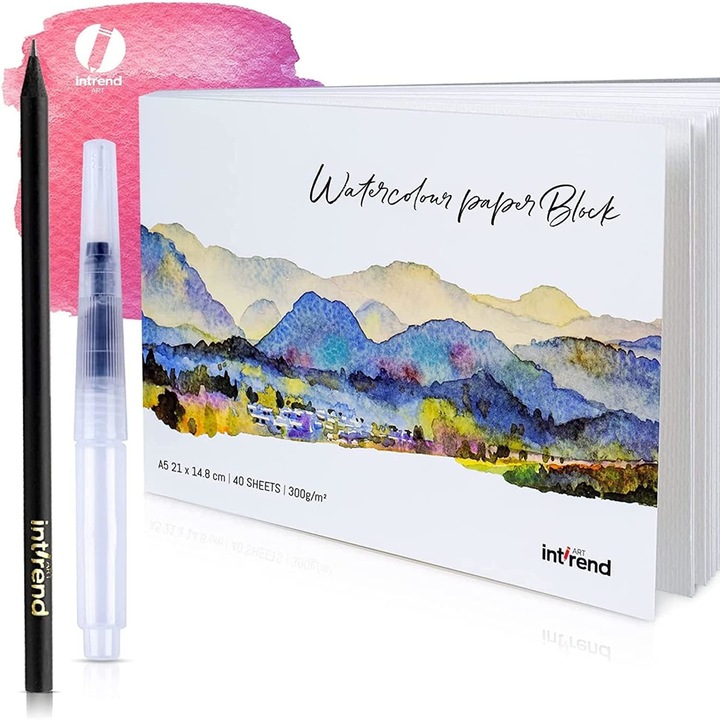 Caiet desen pentru acuarele Intrend, Proffesional, A5, 40 coli, 300 gsm, hartie alba, creion pentru schite, pensula cu rezervor pentru apa