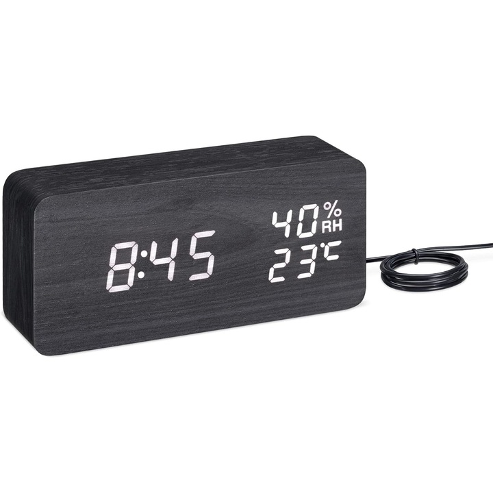 Ceas cu alarma digital Navaris, Termometru, USB, umiditate, 3 alarme, 6 setari luminozitate, negru