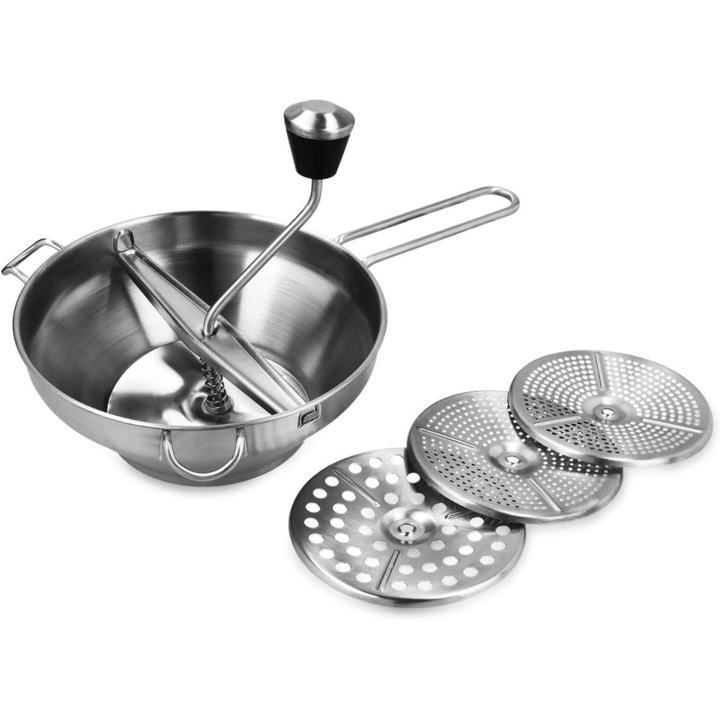 Presa pentru piure de legume si fructe, din otel inoxidabil, 19 cm, 3 discuri de macinat, filtru sos
