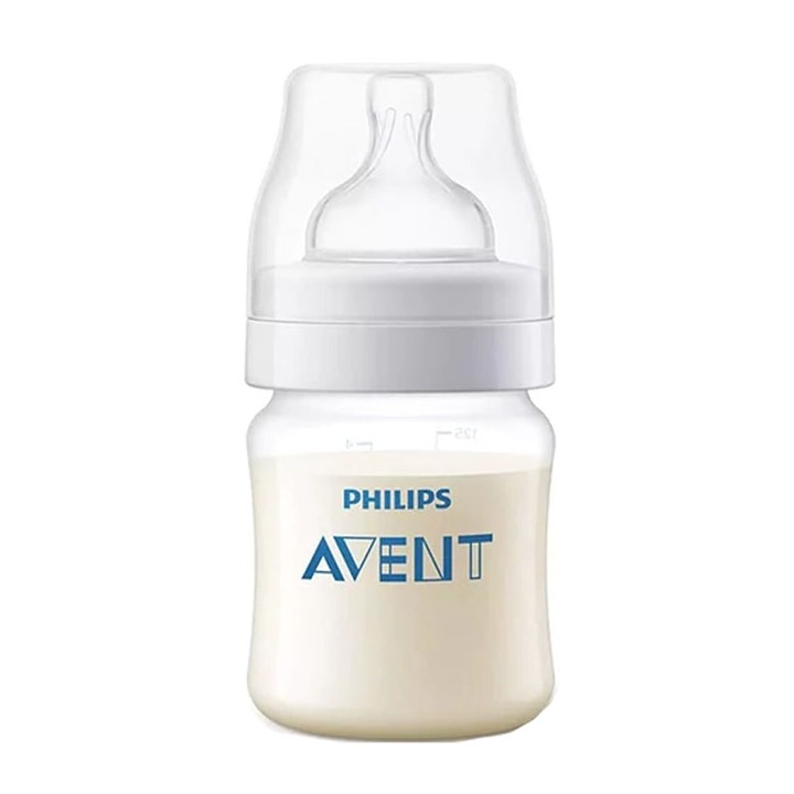 Biberon din polipropilena cu tetina din silicon anti-colici 125 ml Philips Avent SCF810/10, Transparent 0-3 luni