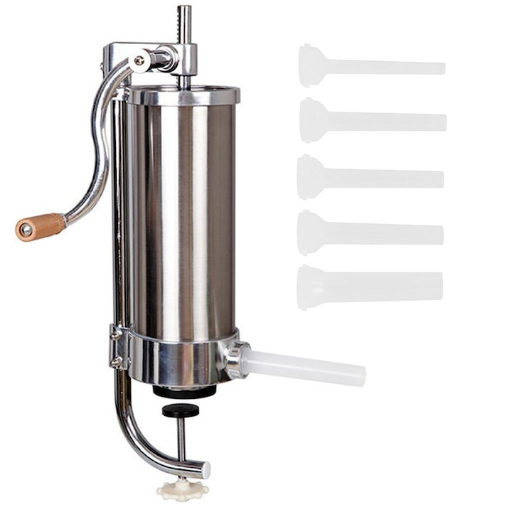 Masina de umplut carnati, vertical, inox, capacitate 4 kg, 5 palnii incluse, sistem anti bule, Mencoza™