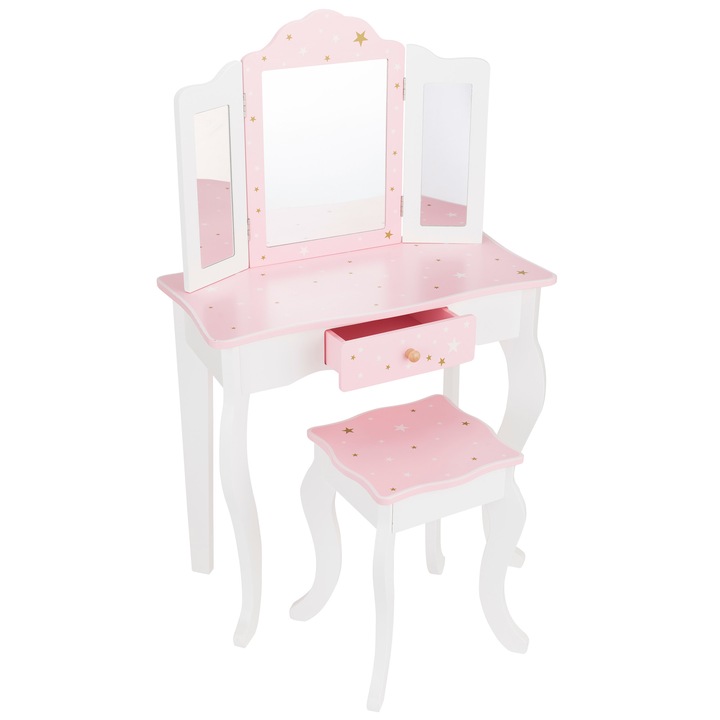 Masuta de toaleta pentru copii roz cu scaun si 3 oglinzi