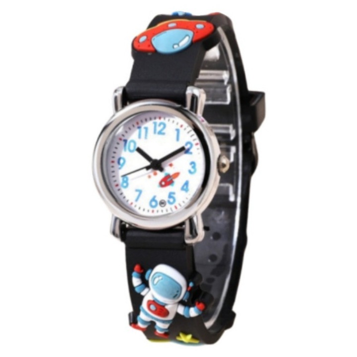 Ceas de copii Astronaut cu cadran alb si curea neagra din silicon cu figurine spatiale