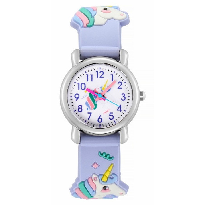 Ceas de copii Rainbow Unicorn cu cadran alb si curea lila din silicon cu unicorni