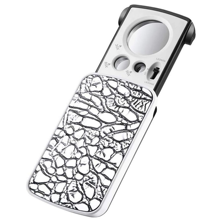 Lupa bijuterii, 30X/60X/90X, LED, Argint