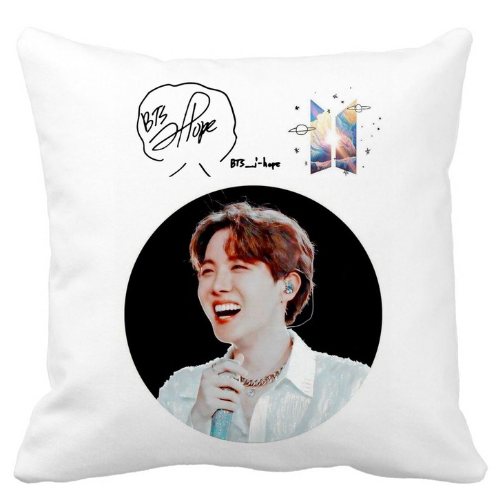 Perna Decorativa BTS Jin, 40x40 cm, Alba, Mata, Husa Detasabila, Burduf