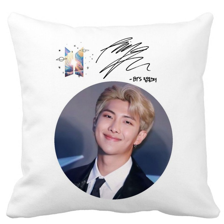 BTS Kim személyre szabott párna, 40x40 cm, fehér, matt, levehető huzat, fújtató