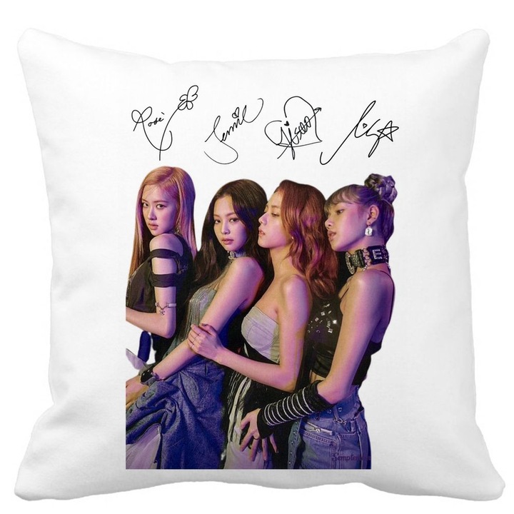 BlackPink dekoratív párnahuzat aláírásokkal, Model 3, 40x40 cm, fehér, matt