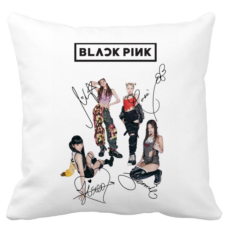 BlackPink dekoratív párna aláírásokkal, 1. modell, 40x40 cm, fehér, matt, levehető huzat, fújtató