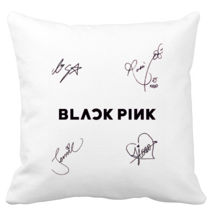 BlackPink dekoratív párnahuzat aláírásokkal, 2-es modell, 40x40 cm, fehér, matt