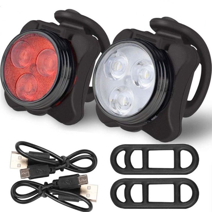 Kerékpárlámpa készlet, OEM, első és hátsó LED hegyikerékpár lámpa, 4 világítási mód, USB újratölthető, 2 db, többszínű