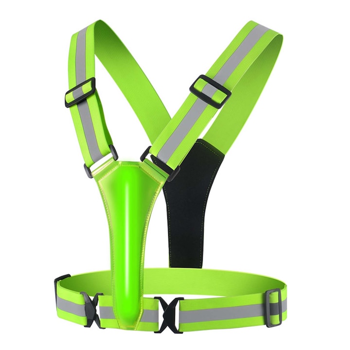Светлоотразителна жилетка за бягане, LED, 3 режима на светене, USB, регулируема талия, рамене, зелена