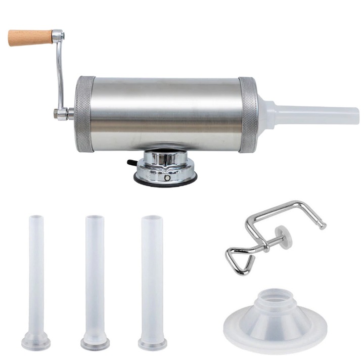 Masina de umplut carnati, orizontal, inox, Capacitate 3kg, 3 palnii Incluse, sistem dublu de prindere, Mencoza™