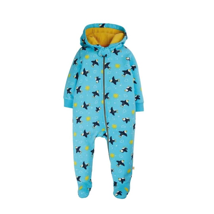 Combinezon cu fermoar si botosei, „pufinii relaxati”, bumbac organic, multicolor, bebe nou nascut