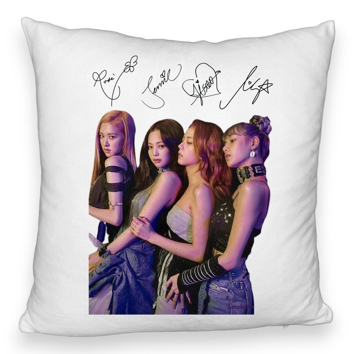 Perna Personalizata Fluffy BlackPink cu Semnaturi, Model 3, 40x40 cm, Husa Detasabila, Burduf