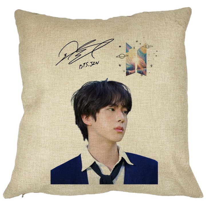 Perna Decorativa BTS Jin 3, 40x40 cm, Husa Detasabila, Burduf