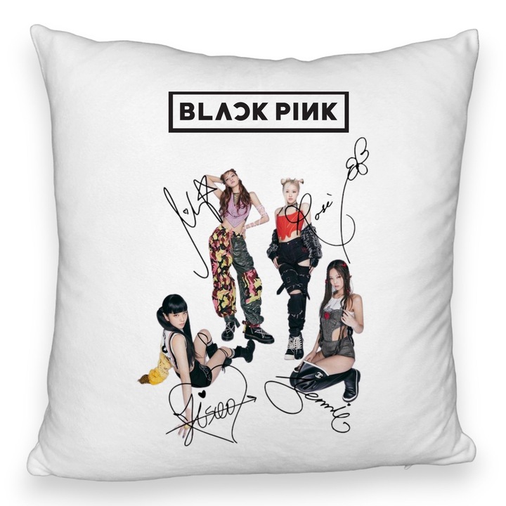 Декоративна възглавница Fluffy BlackPink с подписи, модел 1, 40x40 см, сваляща се калъфка