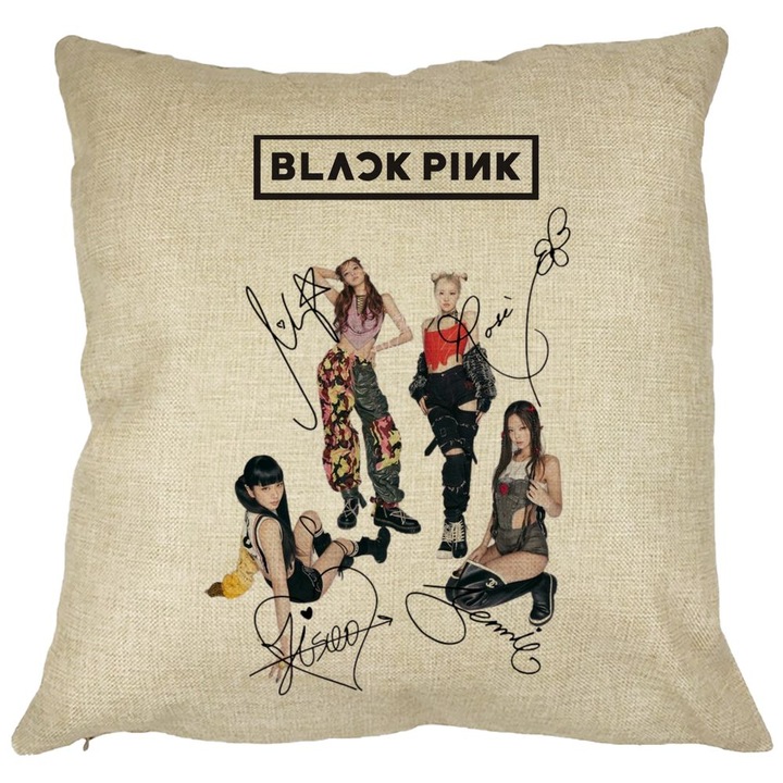 BlackPink dekoratív párna aláírásokkal, 1. modell, 40x40 cm, levehető huzat, fújtató