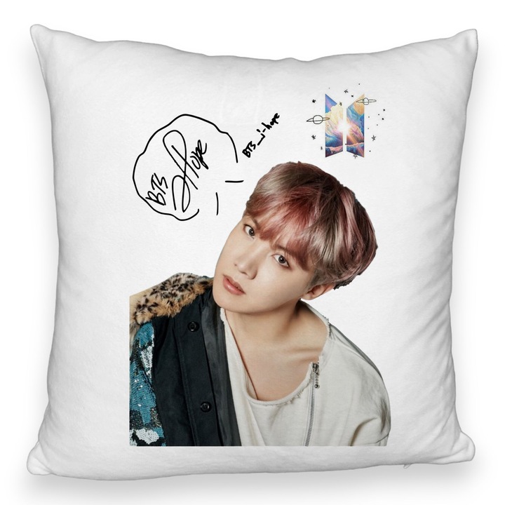 BTS J-hope dekoratív párnahuzat, 40x40 cm, fehér, matt,