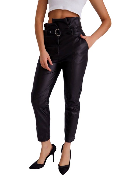 Pantaloni casual Angy din piele ecologica, cu paperbag in talie si cordon, Negru