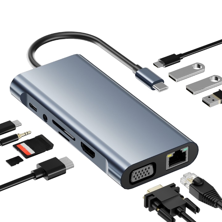 Hub Adaptor Multiport 11 in 1 USB-C 3.1 Staryon® la HDMI 4K / VGA / LAN RJ45 Ethernet (1000 MB/S) / 1x USB-C Data / 3x USB-A 3.0 / Jack Audio / Power Delivery Port 100W / TF si SD Card Reader, Docking Station Laptop, MacBook Air/Pro, Telefon, Tableta, Gri