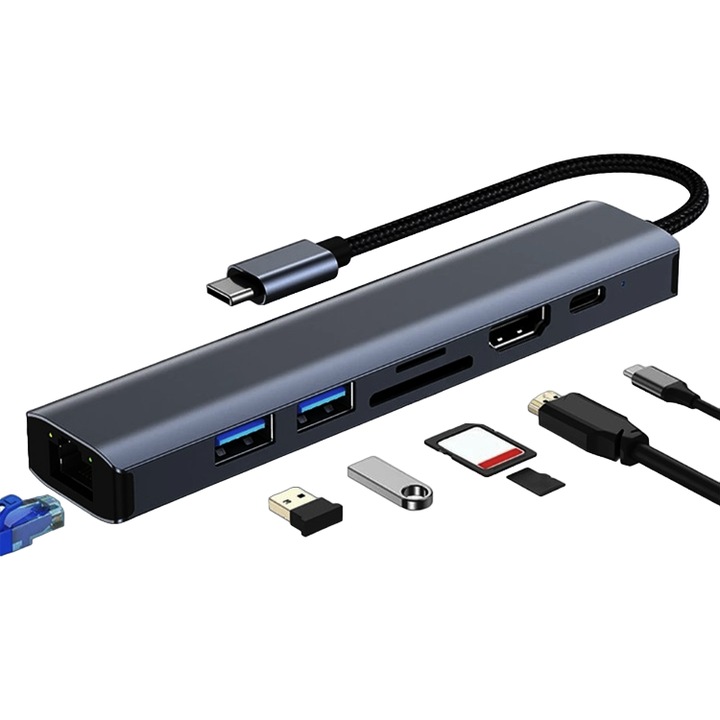 Хъб адаптер Multiport 7 в 1 USB-C 3.1 Staryon® към HDMI 4K / LAN RJ45 Ethernet (1000 MB/S) / 2x USB 3.0 / Power Delivery Port 100W / TF и SD четец на карти, докинг станция лаптоп, MacBook Air/Pro, Телефон, Таблет, Сив