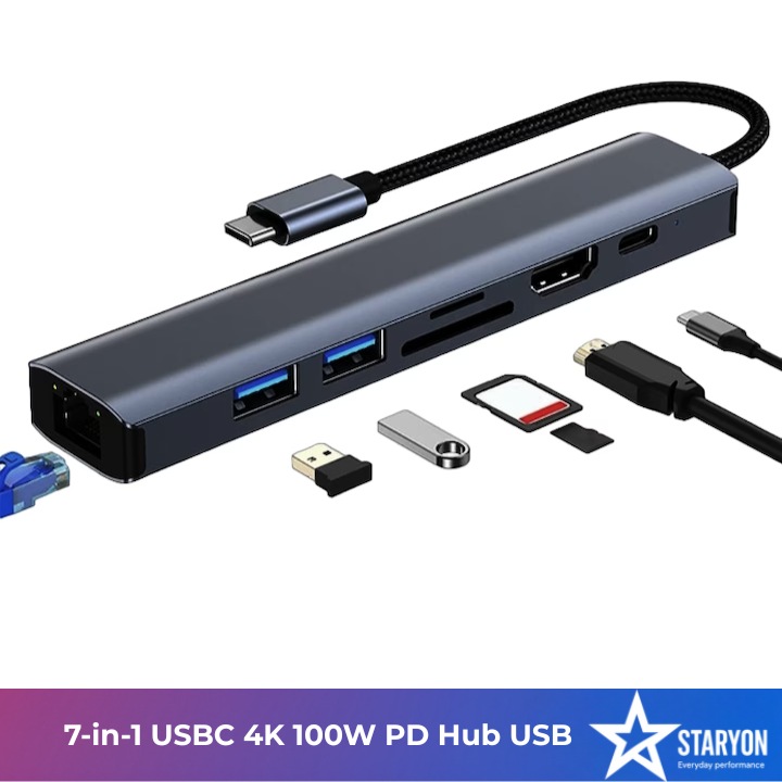Hub Adaptor Multiport 7 in 1 USB-C 3.1 Staryon® la HDMI 4K / LAN RJ45 Ethernet (1000 MB/S) / 2x USB 3.0 / Power Delivery Port 100W / TF si SD Card Reader, Docking Station Laptop, MacBook Air/Pro, Telefon, Tableta, Gri