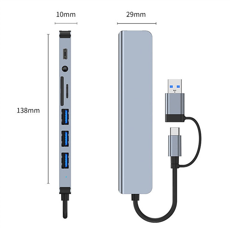 Хъб адаптер Multiport 8 в 2 USB-A и USB-C 3.0 Combo Staryon® към 3,5-мм ...
