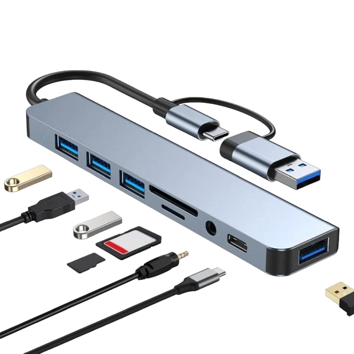 Hub Adaptor Multiport 8 in 2 USB-A si USB-C 3.0 Combo Staryon® la 3.5-mm Jack Audio/ USB 3.0 / USB 2.0 / Type C Data Port / TF si SD Card Reader, Docking Station pentru Laptop, MacBook Air/Pro, Chromebook, Tableta, Gri