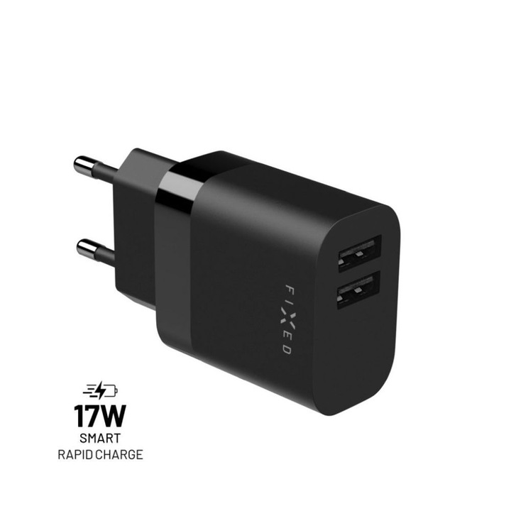 FIXED hálózati töltő 2*USB-A kimenet, 17W, fekete, 229138, Töltő