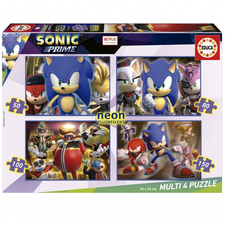 Puzzle progresiv, Educa, Sonic Prime 4 in 1 Neon, 50/80/100/150 piese