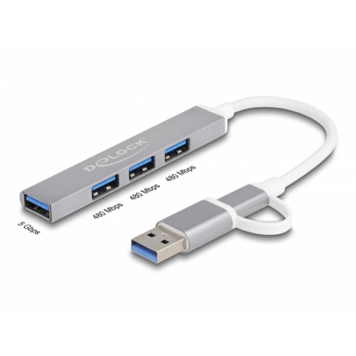 Delock 4 portos vékony USB Hub USB Type-C vagy USB A-típusú - 3 x USB 2.0 Type-A csatlakozóhüvely + 1 x USB 5 Gbps Type-A csatlakozóhüvely (DL-64214)