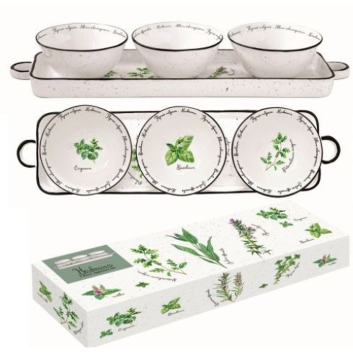 Porcelán tálkaszett 3db-os, 10cm, porcelántálcán 37x10cm, dobozban, Herbarium