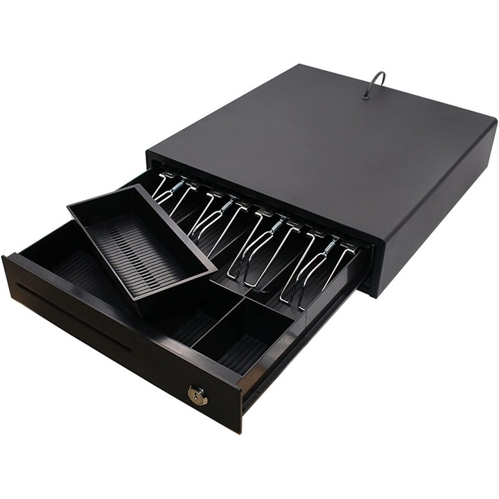 Чекмедже за пари, 12V, 4 тави за банкноти, 2 тави за монети, стомана, черно