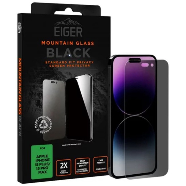 Защитно фолио Eiger Glass 2.5D Mountain Glass Privacy, За iPhone 15 Plus / 15 Pro Max, Черен