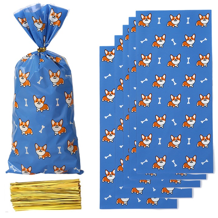 100 pungi de celofan cu doua fete, BOMSTOM, cu legaturi twist，model cu desene animate cu caini, pentru dulciuri, deserturi，27,5 x 12,5 cm, albastre