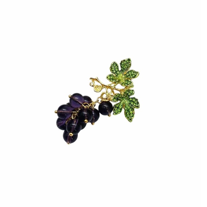 Brosa Grapes cu aliaj metalic auriu, in forma de strugure din margele mov, 6 cm, Madamme Bijoux